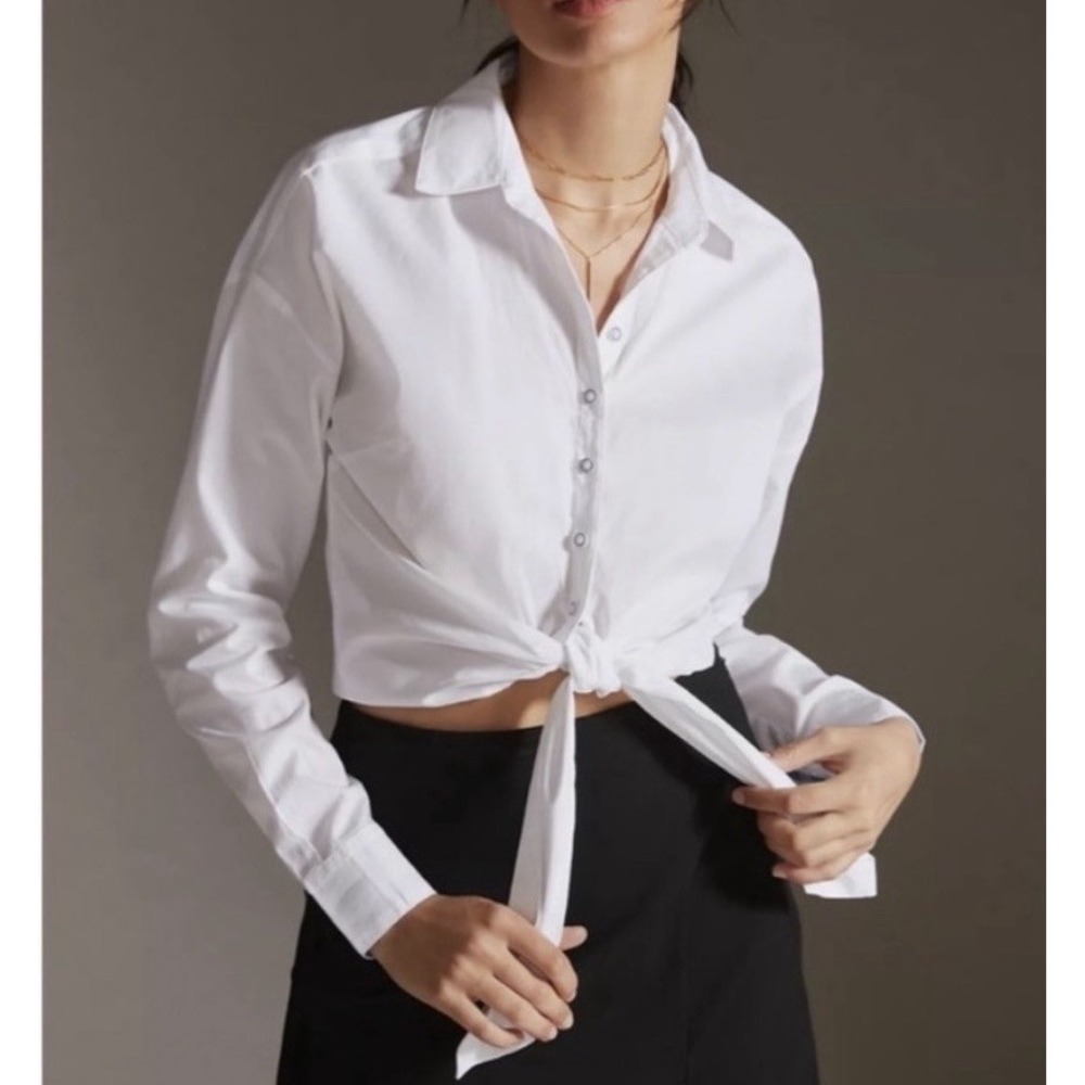 Maeve Anthropologie Tie-Front Crop Shirt Blouse White Cotton Poplin Sz‎ 6 Preppy